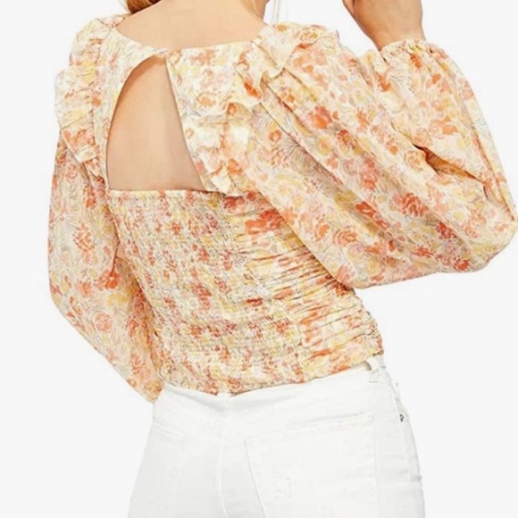 FREE PEOPLE Mabel Floral Print Yellow Orange Ruched Long Sleeve Top Bohemian XS - Picture 2 of 12